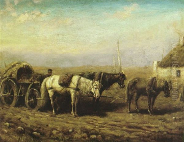 A Horsedrawn Cart With A Boy On A Road In A Rural Landscape Oil Painting by Adolf Schreyer