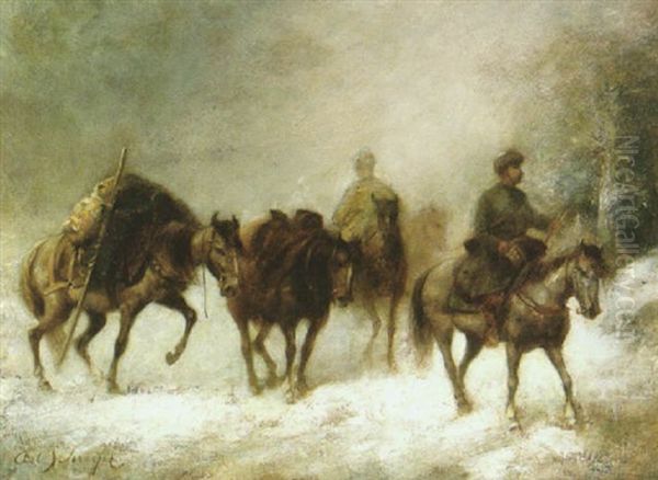 A Wallachian Caravan In A Winter Storm Oil Painting by Adolf Schreyer