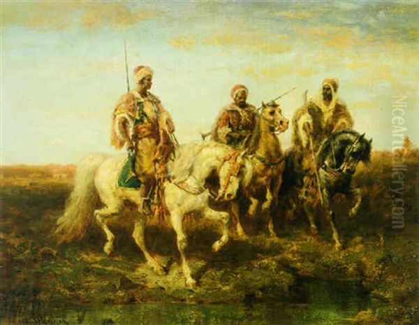 Three Arab Scouts On Horseback Oil Painting by Adolf Schreyer