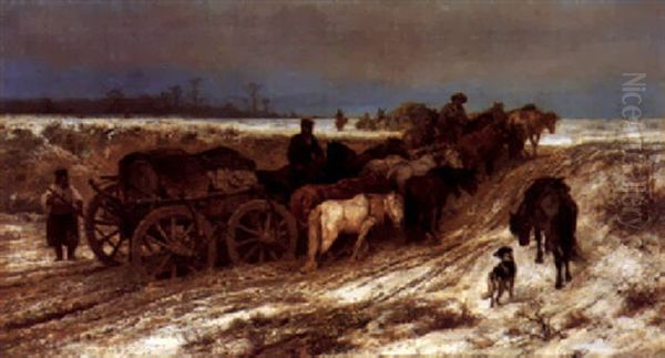 Pferdefuhrwerk Im Winter Oil Painting by Adolf Schreyer