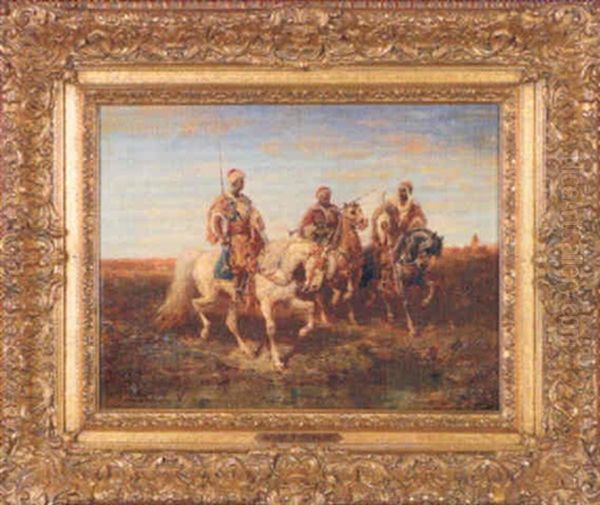 Three Armed, Elaborately Robed Arabs On Horseback Approaching Water Oil Painting by Adolf Schreyer