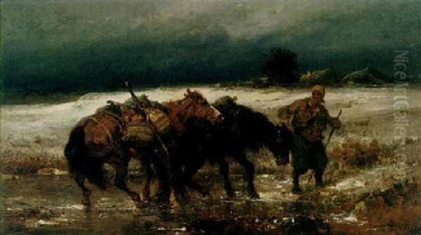 Wallachian Traveler At Night Oil Painting by Adolf Schreyer