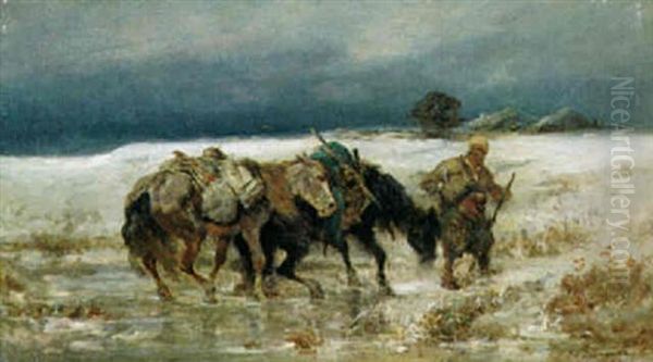 Ermattet; Pferde Im Winter Oil Painting by Adolf Schreyer