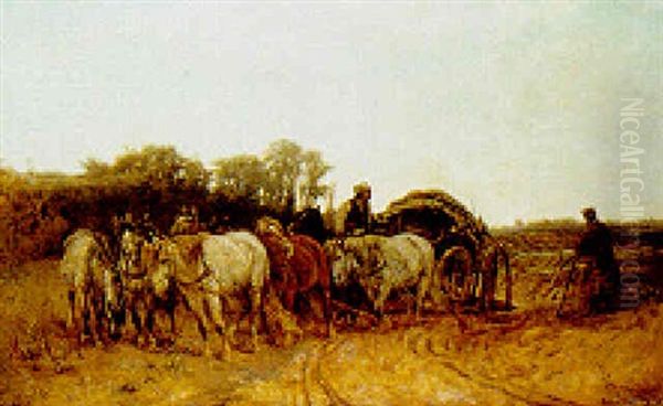 Hungarian Peasants With A Horse-drawn Cart Oil Painting by Adolf Schreyer