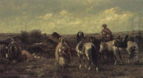 Arab Horsemen At An Encampment Oil Painting by Adolf Schreyer