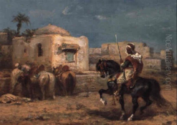 An Arab Horseman Approaching A Village Oil Painting by Adolf Schreyer