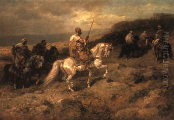 Arab Horsemen In A Rocky Landscape Oil Painting by Adolf Schreyer