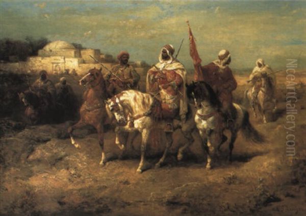 Arab Horsemen Outside A Fortress Oil Painting by Adolf Schreyer