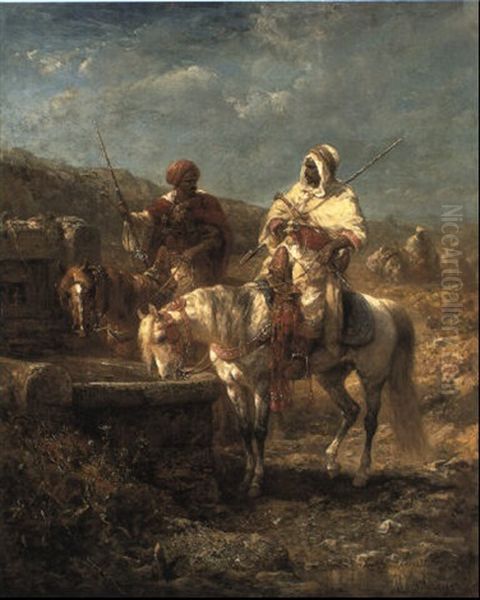 Arab Horsemen At A Well Oil Painting by Adolf Schreyer