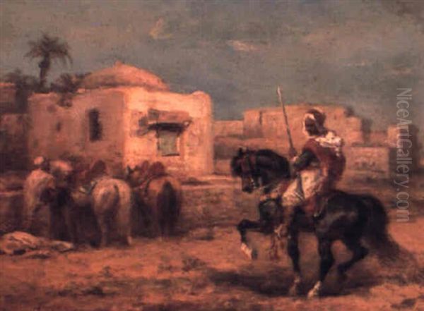 Arab Horseman Approaching A Village Oil Painting by Adolf Schreyer