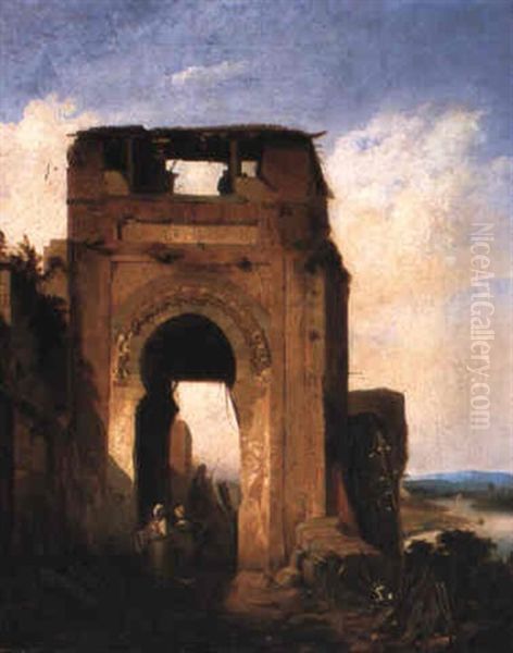 Bedouins By A Gate Oil Painting by Adolf Schreyer