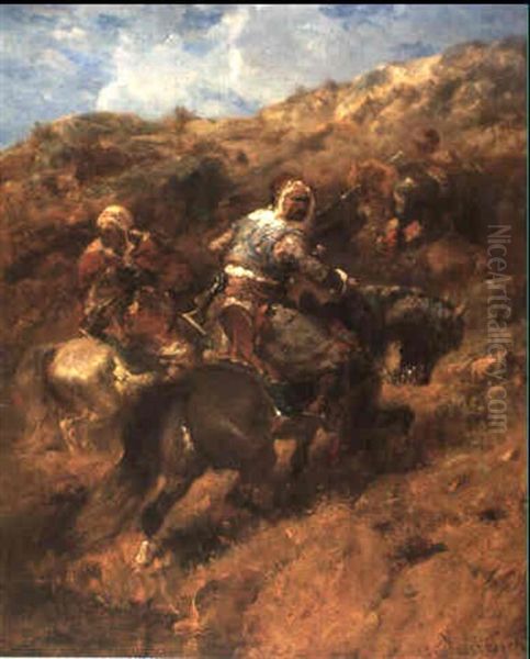 Drei Arabische Reiter Am Berghang Oil Painting by Adolf Schreyer