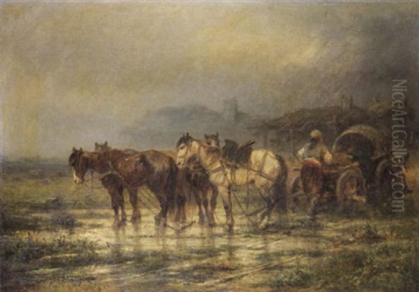 A Figure With A Wagon And Team Before A Village Oil Painting by Adolf Schreyer