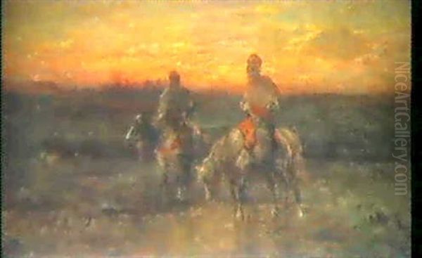 Zwei Reiter Bei Sonnenuntergang Oil Painting by Adolf Schreyer