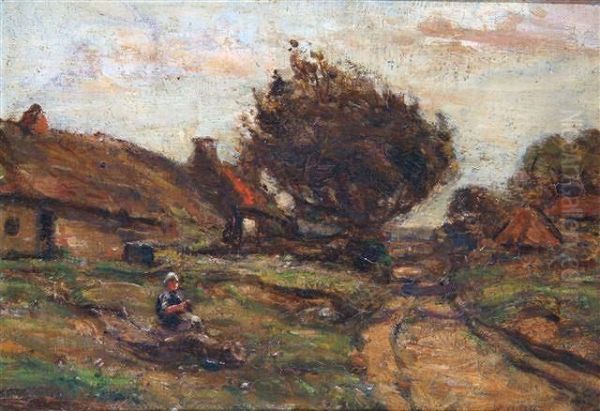 A Country Roadwaywith Figure Seated Upon A Grassy Bank Oil Painting by John Bowman