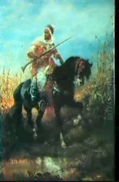 Arab Horseman By A Pool Oil Painting by Adolf Schreyer