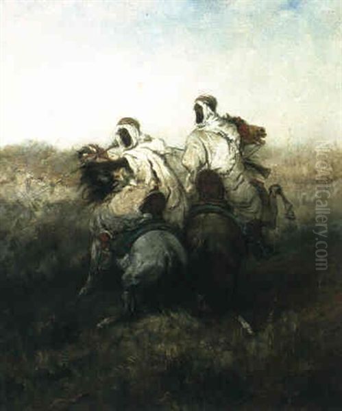 Zwei Arabische Reiter Auf Der Flucht Oil Painting by Adolf Schreyer