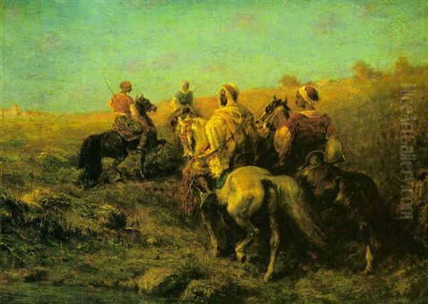 Arabian Horsemen Near A Watering Place Oil Painting by Adolf Schreyer