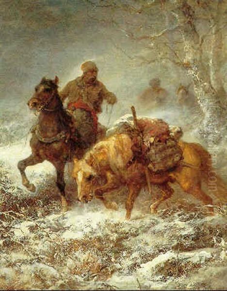 Reiter Im Verschneiten Wald Oil Painting by Adolf Schreyer