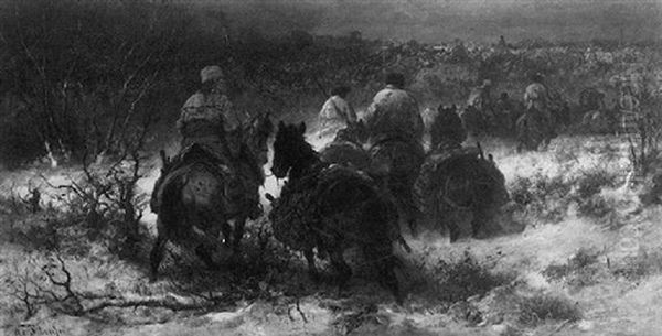 Cossacks On Horseback In A Snowy Landscape Oil Painting by Adolf Schreyer