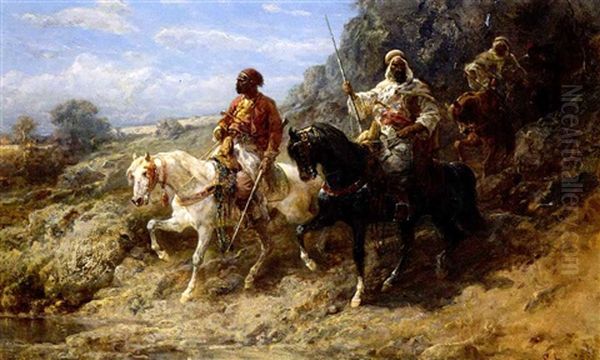 Arabian Horsemen Descending From The Hills Oil Painting by Adolf Schreyer