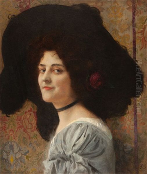 Portrat Einer Jungen Frau Mit Einer Rose Im Haar Oil Painting by Albert Schreyer