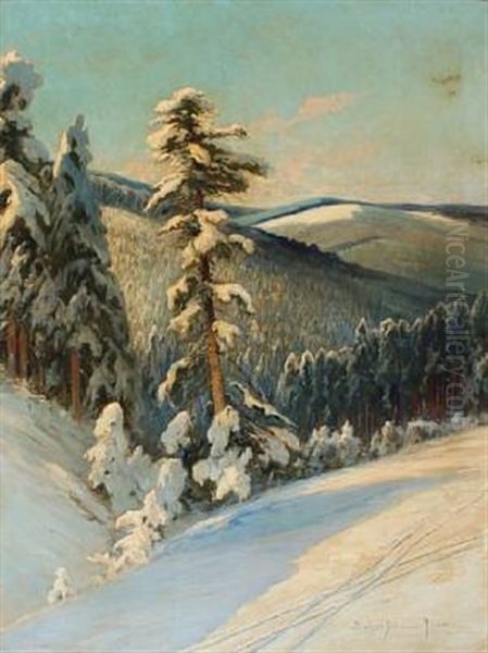 Mountainscape With Snow-covered Trees Oil Painting by Franz Schreyer