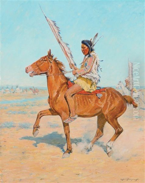 Mounted Indian Warrior Oil Painting by Charles Schreyvogel