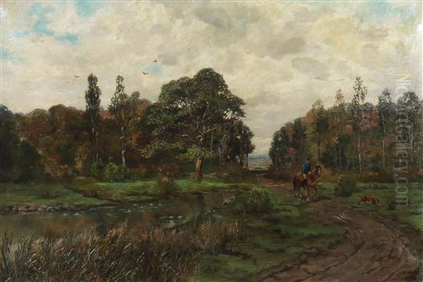 Reiter Mit Seinem Jagdhund Auf Einem Waldweg Oil Painting by Charles Schreyvogel