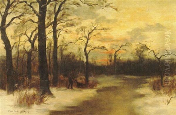 Hunting By A Stream In Winter Oil Painting by Charles Schreyvogel