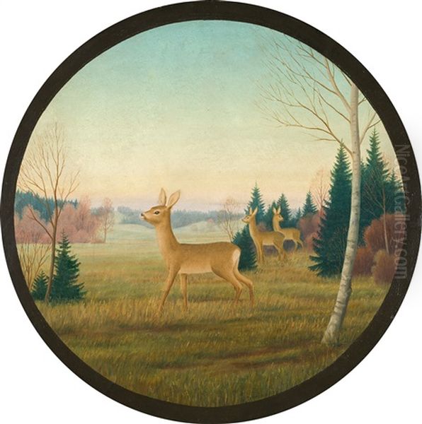 Rehe Auf Einer Wiese Oil Painting by Georg Schrimpf