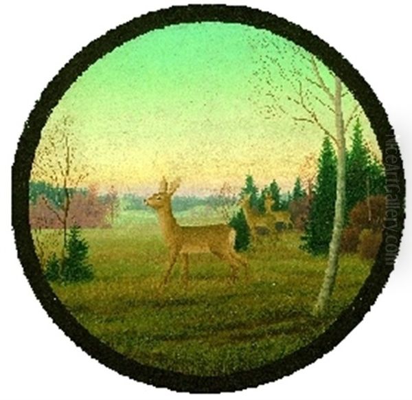 Schutzenscheibe: Rehe Auf Einer Wiese Oil Painting by Georg Schrimpf