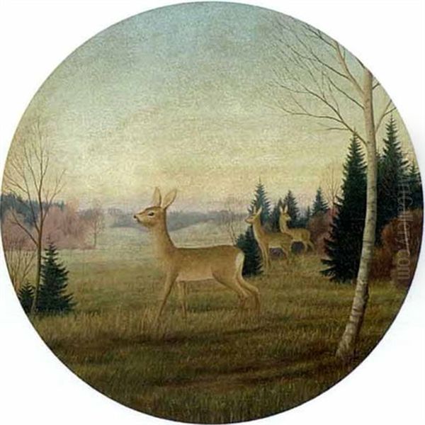 Schutzenscheibe: Drei Rehe Auf Einer Waldweise Oil Painting by Georg Schrimpf