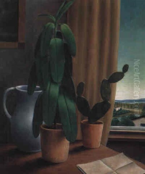 Stilleben Mit Gummibaum (still Life With Gum Tree) Oil Painting by Georg Schrimpf