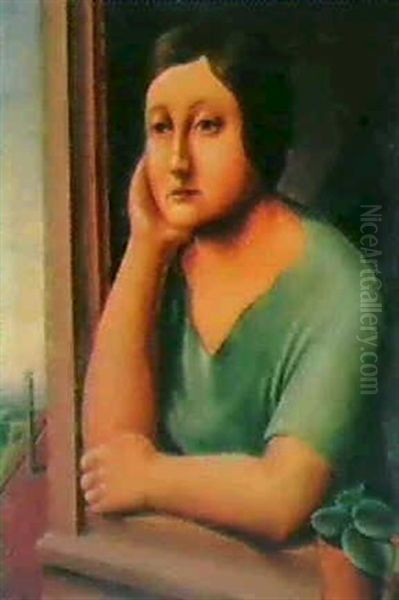 Frau Am Fenster (maria Uhden) Oil Painting by Georg Schrimpf