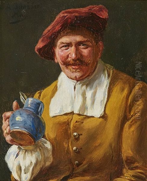 A Man With A Wine Jug - A Smoker - Young Man With A Hat Oil Painting by Albert Friedrich Schroeder