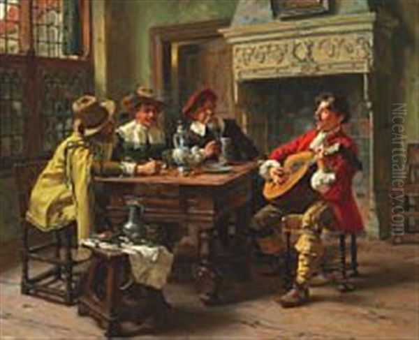 Interior With Cavaliers At A Festive Occasion Oil Painting by Albert Friedrich Schroeder