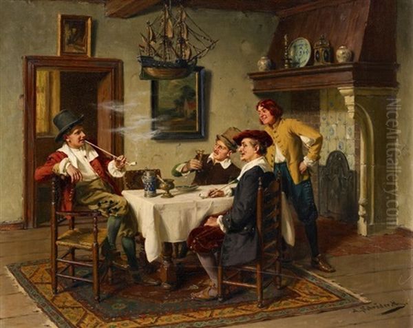 Pfeifenraucher Im Hollandischen Interieur Oil Painting by Albert Friedrich Schroeder