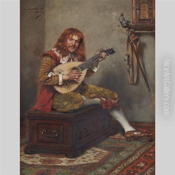 Cavalier Playing A Mandolin Oil Painting by Albert Friedrich Schroeder