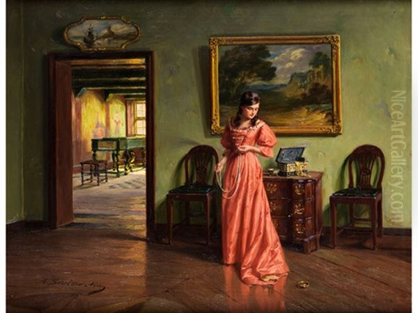 Junge Dame Im Interieur Beim Anlegen Einer Perlenkette Oil Painting by Albert Friedrich Schroeder