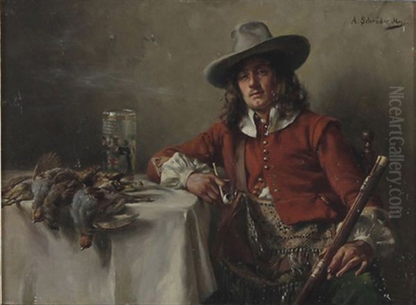 Nachdenkender In Einem Sessel Sitzender Junger Mann Mit Buch (+ Rastender Jager Mit Pfeife; Pair) Oil Painting by Albert Friedrich Schroeder