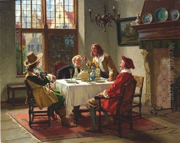 Hollandische Herren Im Historischen Interieur Beim Mahl Oil Painting by Albert Friedrich Schroeder