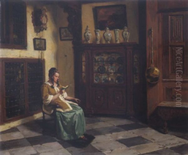 Hollandisches Interieur Mit Lesender Dame Im Lehnstuhl Oil Painting by Albert Friedrich Schroeder