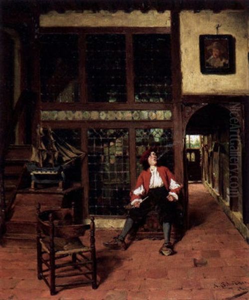 Rauchender Junger Mann In Einem Althollandischen Interieur Oil Painting by Albert Friedrich Schroeder