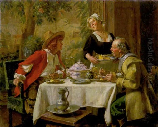 Hollandische Magd Zwischen Zwei Feuern: Zwei Kavalieren, Die Bei Der Mahlzeit Sitzen Oil Painting by Albert Friedrich Schroeder