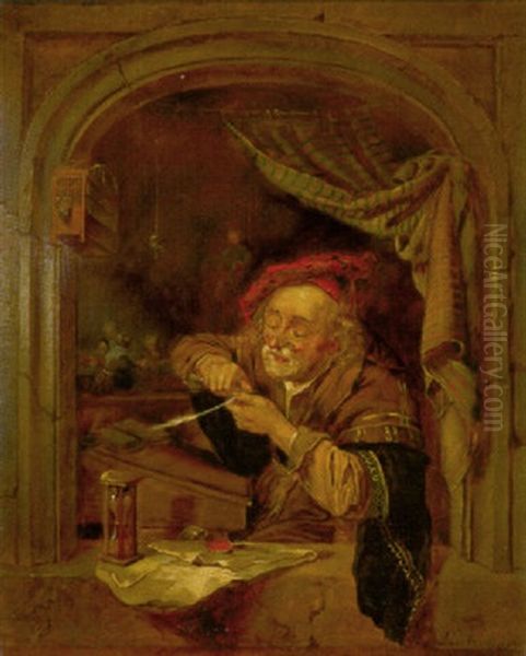 Der Alte Schulmeister Spitzt Seinen Federkiel Oil Painting by Albert Friedrich Schroeder