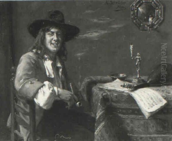 Young Cavalier Smoking At A Table Oil Painting by Albert Friedrich Schroeder