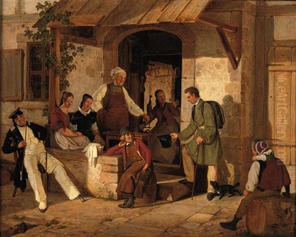 Figures Conversing Outside An Inn Oil Painting by Carl Schroeder