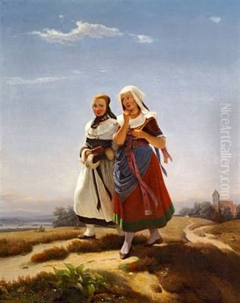 Die Kirchengangerinnen Oil Painting by Carl Schroeder