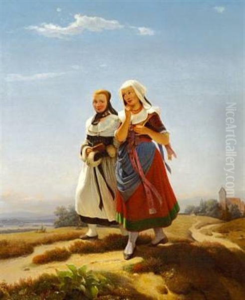 Die Kirchengangerinnen- Two Young Girls On Their Way Back From Church Oil Painting by Carl Schroeder